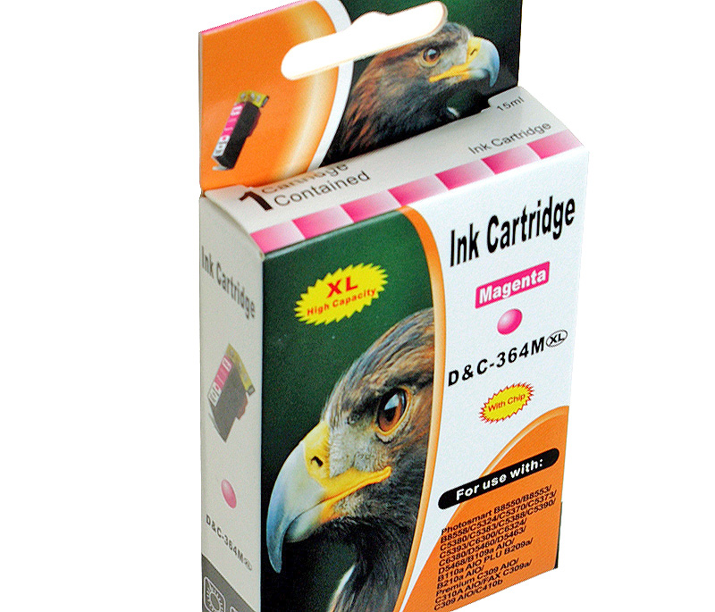 Verpackung einer magenta Tintenpatrone mit einem Adlerkopf-Design.