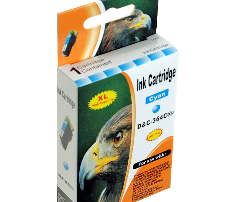 Verpackung für eine Cyan-Tintenpatrone mit Adlerabbildung und Modellnummer D&C-364C XL.