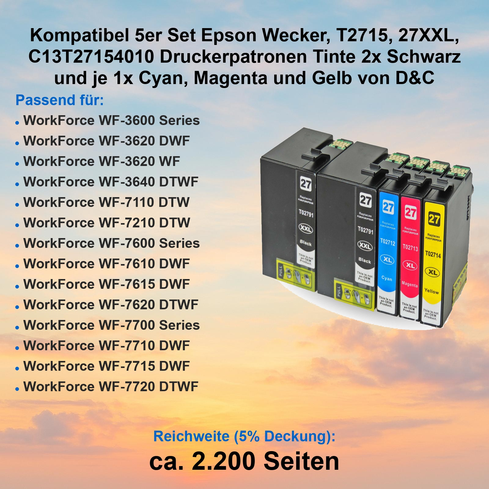 Fünf Epson Druckerpatronen: 2x Schwarz, 1x Cyan, 1x Magenta, 1x Gelb.