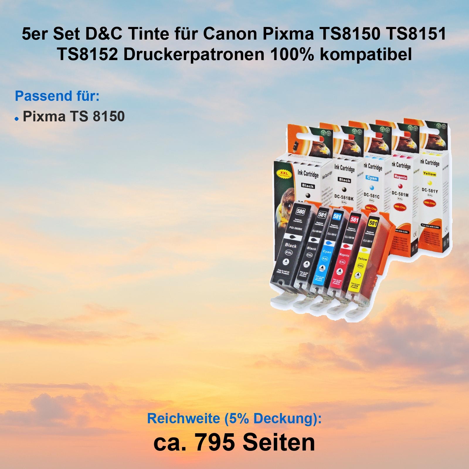 Fünf Stück D&C Tintenpatronen für Canon Pixma TS8150/TS8151/TS8152.