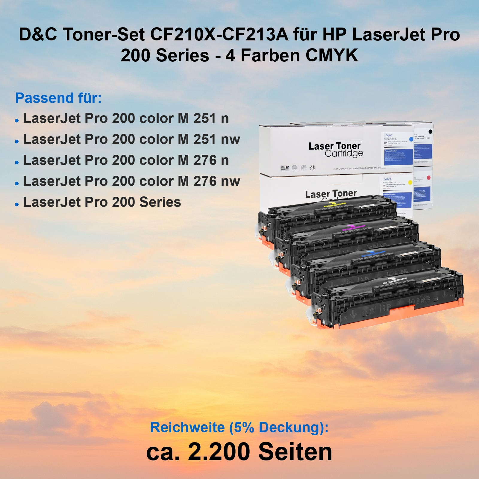 Toner-Set für HP LaserJet Pro 200 Series: 4 Farben CMYK, ca. 2.200 Seiten.