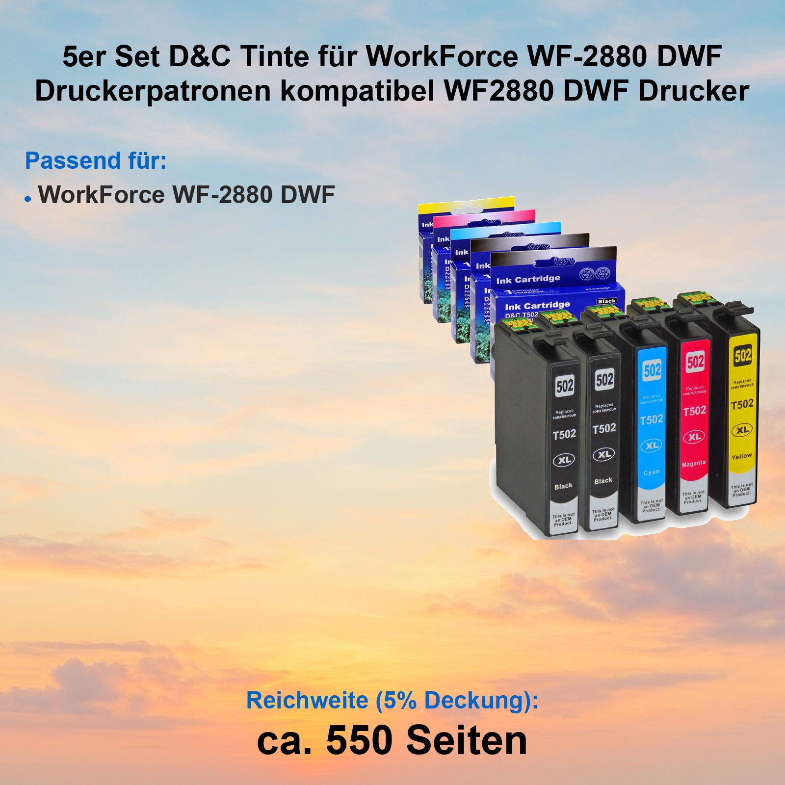 Fünf D&C Tinte Patronen für WF-2880 DWF, kompatibel. Schwarz, Cyan, Magenta, Gelb.