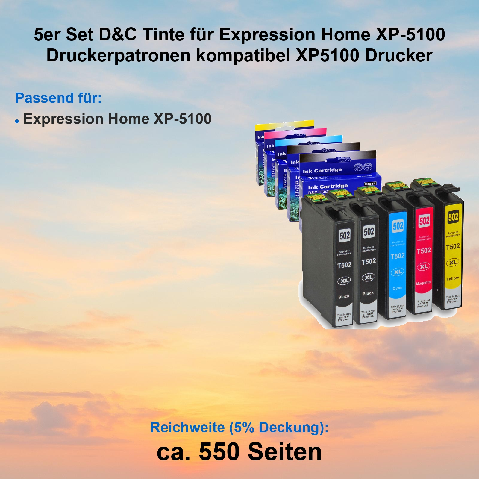 Set mit 5 D&C Tinte Patronen für Expression Home XP-5100 Drucker.