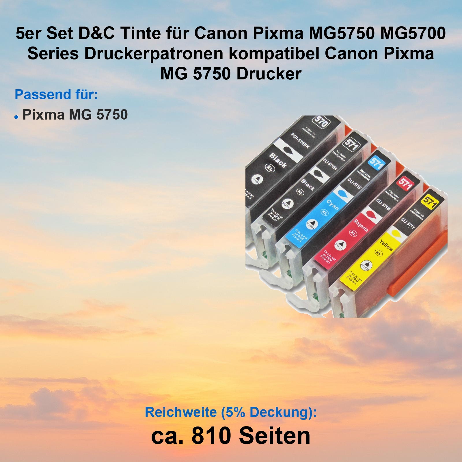 Fünf Tintenpatronen für Canon Pixma Drucker: Schwarz, Cyan, Magenta, Gelb.