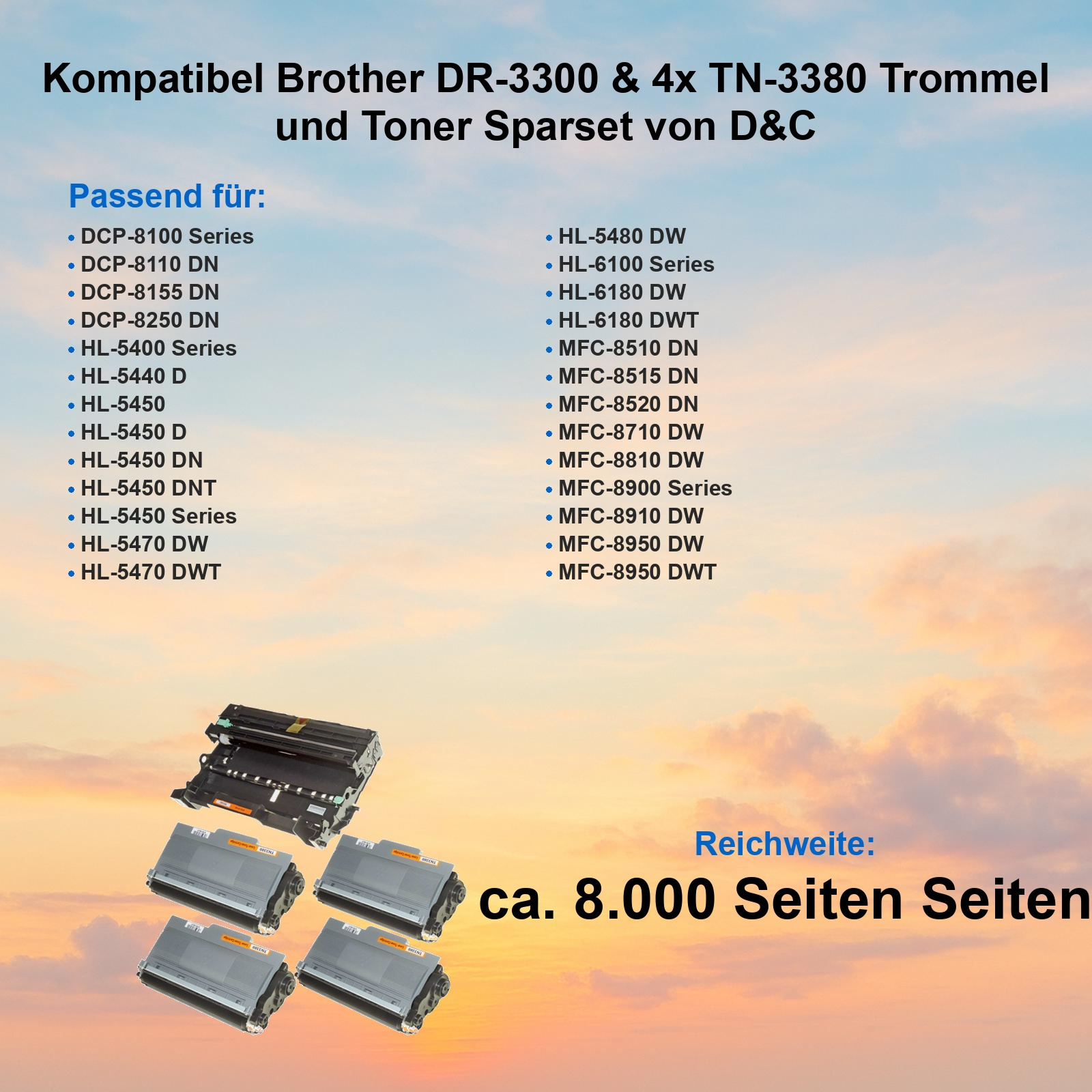 Ein Trommel und vier Tonerkartuschen für Brother Drucker. Reichweite 8.000 Seiten.