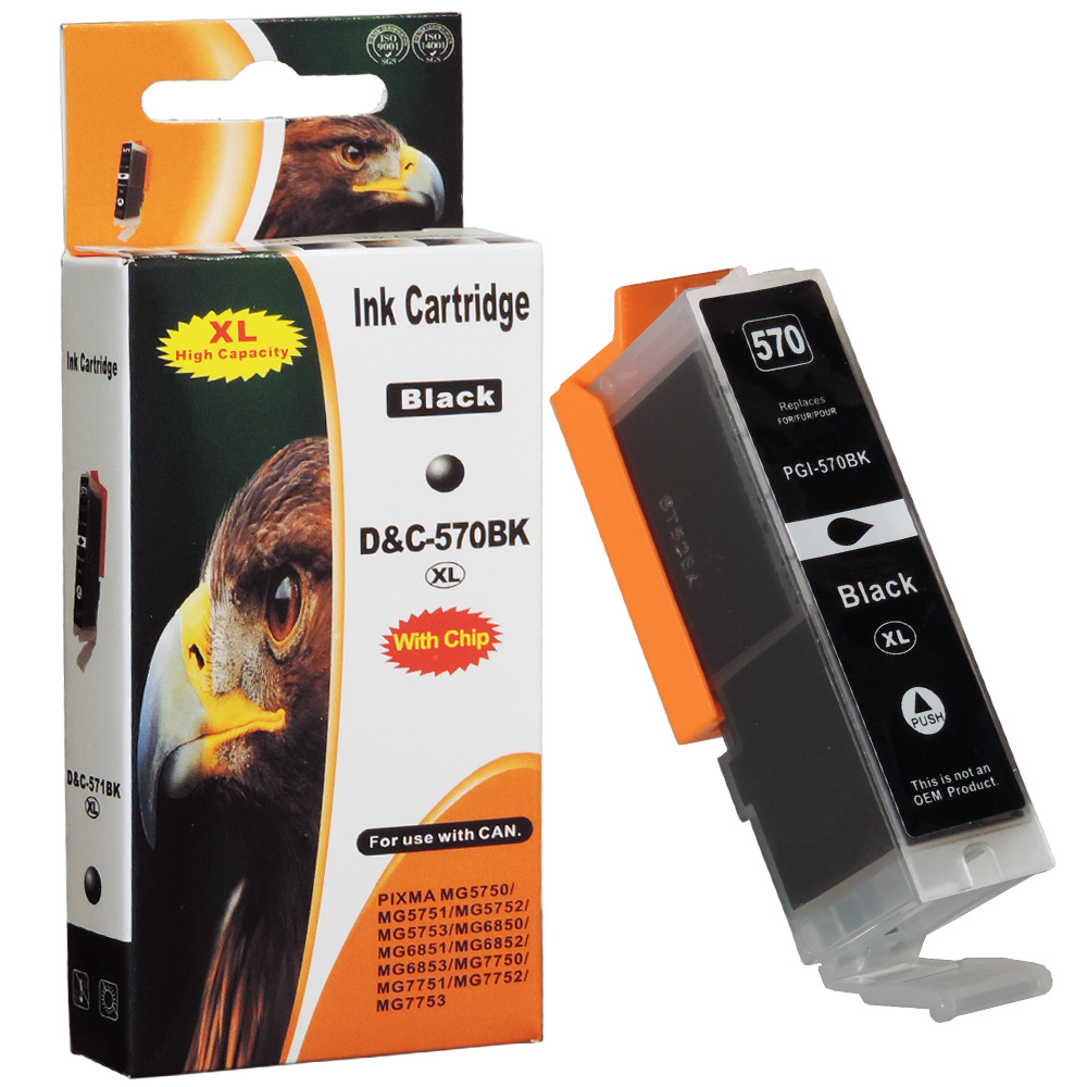 Schwarze Tintenpatrone D&C-570BK XL mit Adler auf der Verpackung.
