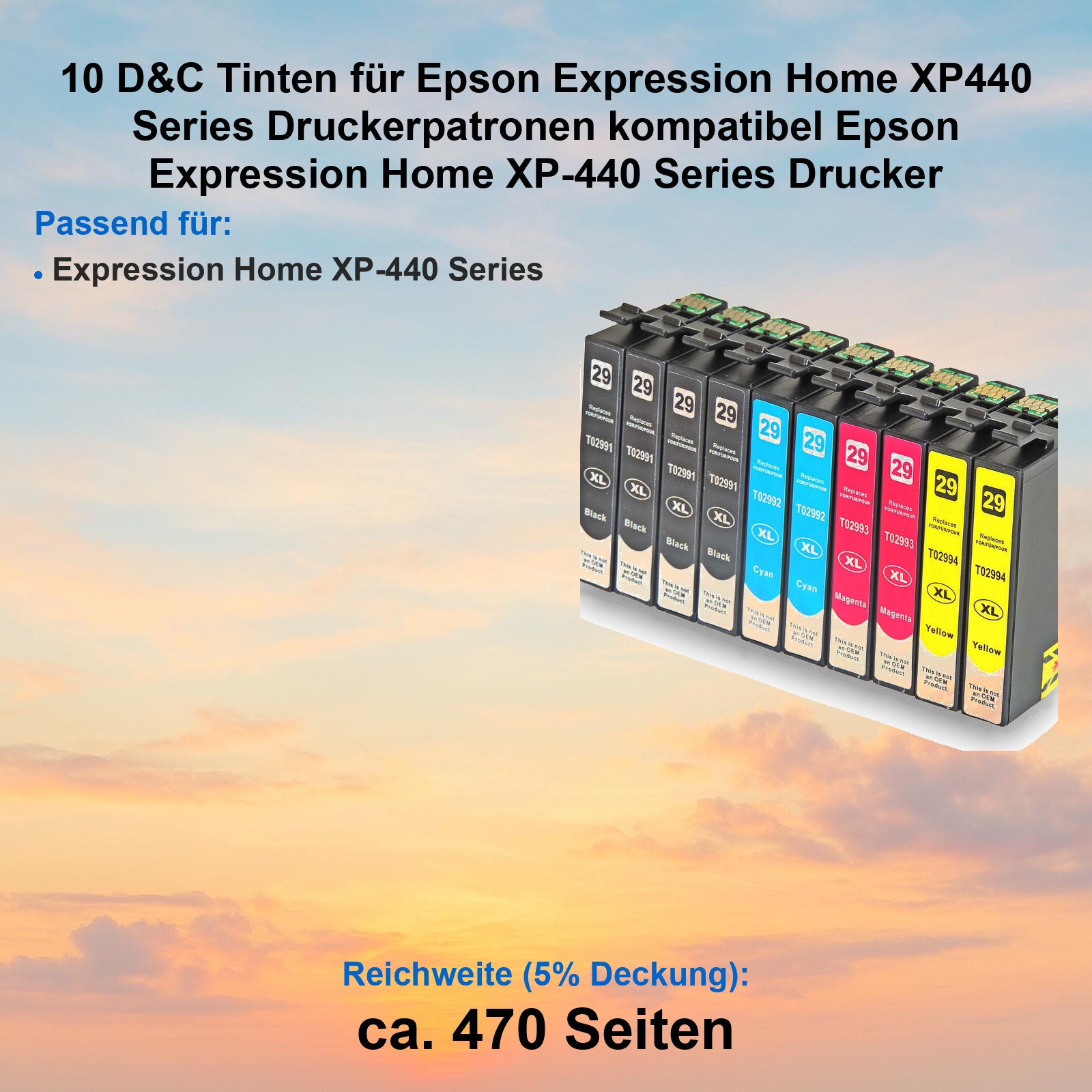 Zehn Tintenpatronen für Epson Expression Home XP-440, Reihe von Farben.
