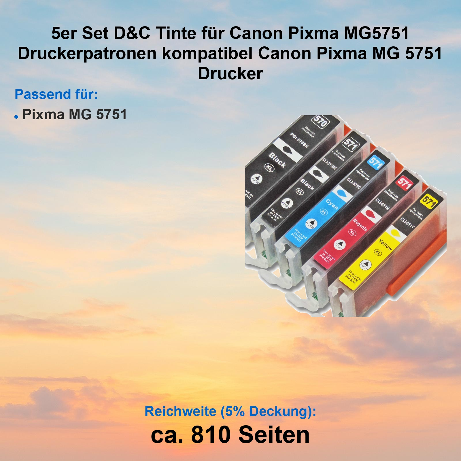 Fünf Druckerpatronen: Schwarz, Cyan, Magenta, Gelb für Canon Pixma MG5751.