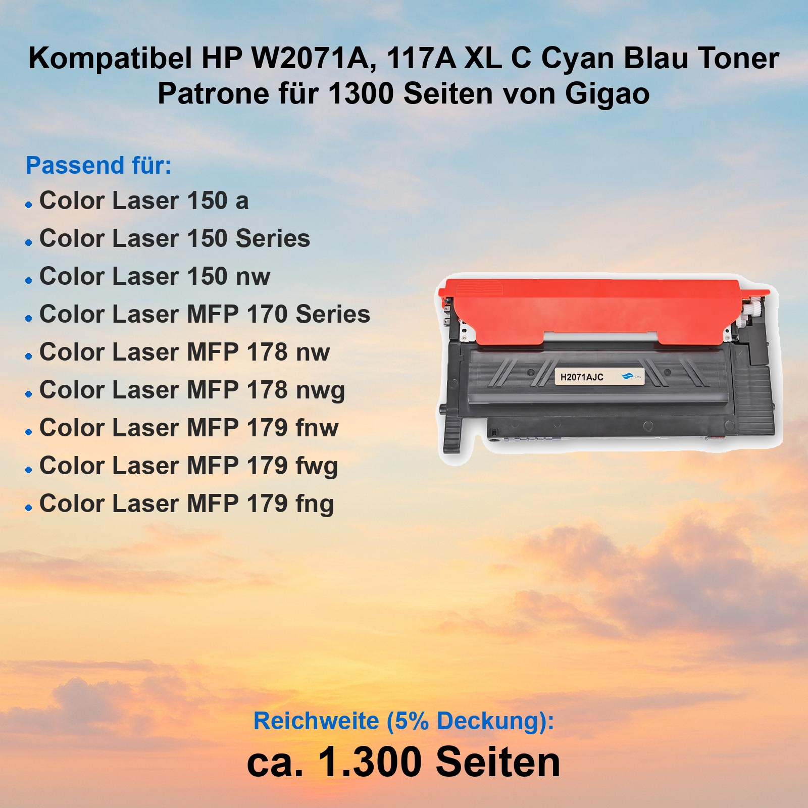 HP W2071A Cyan Toner für 1300 Seiten mit Druckerliste.