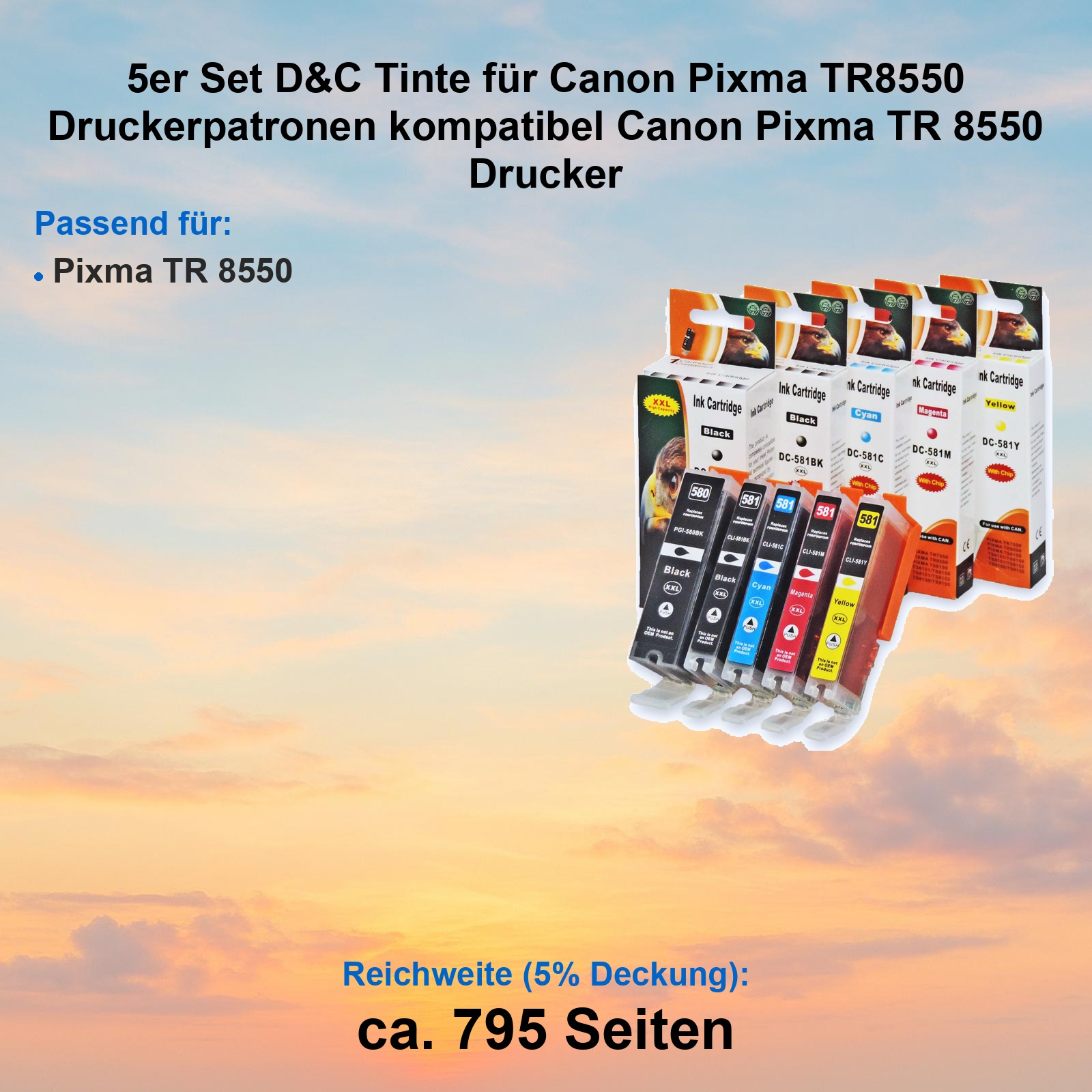 Fünf Druckerpatronen für Canon Pixma TR8550: Schwarz, Cyan, Magenta, Gelb.