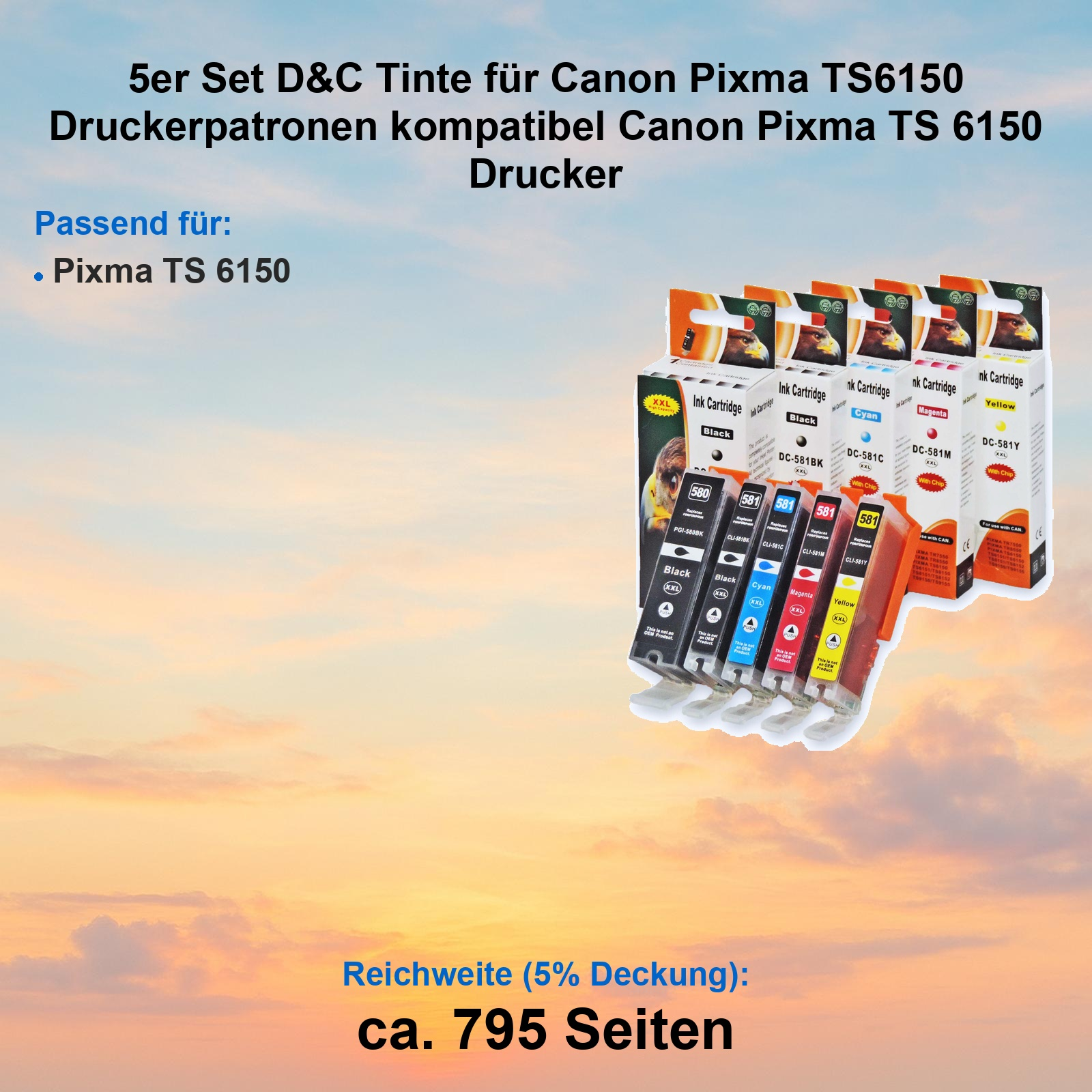 Fünf XXL-Druckerpatronen-Sets für Canon Pixma TS6150 Drucker.