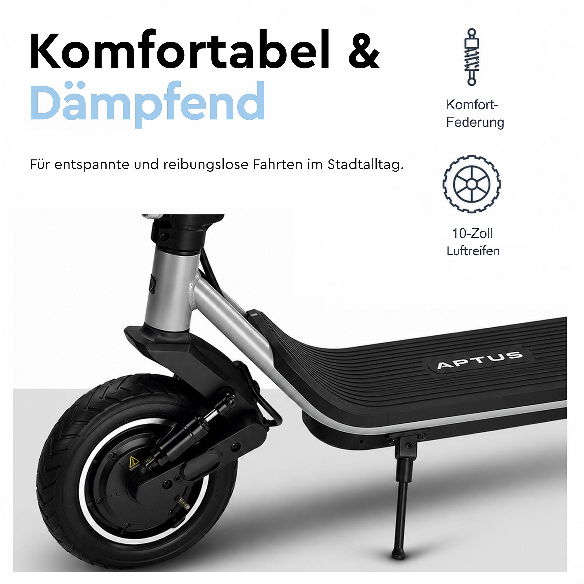 Ein E-Scooter mit der Aufschrift APTUS, Fokus auf Komfortfederung und Luftreifen.