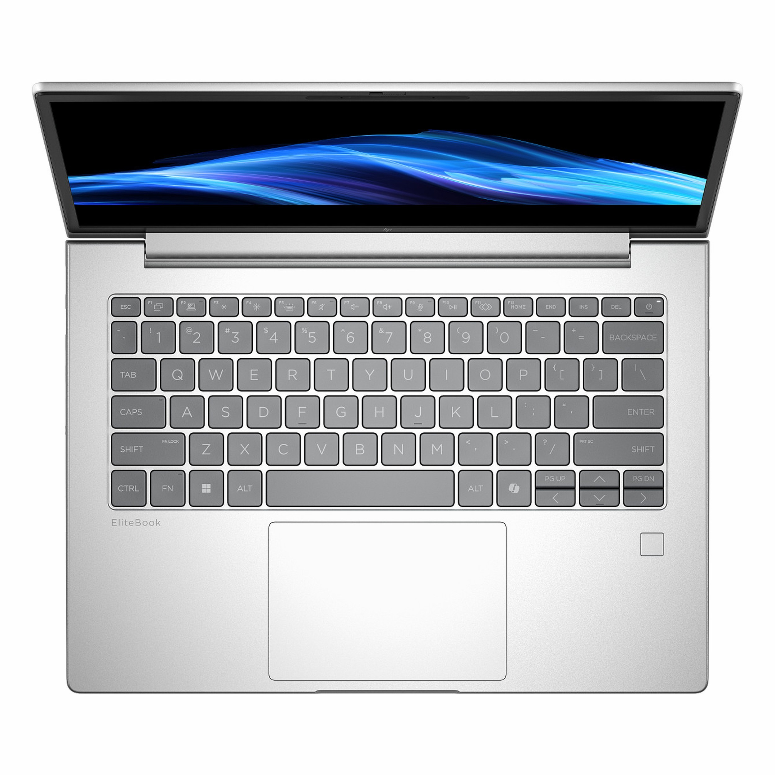 Mavi soyut duvar kağıtlı gümüş EliteBook dizüstü bilgisayar.
