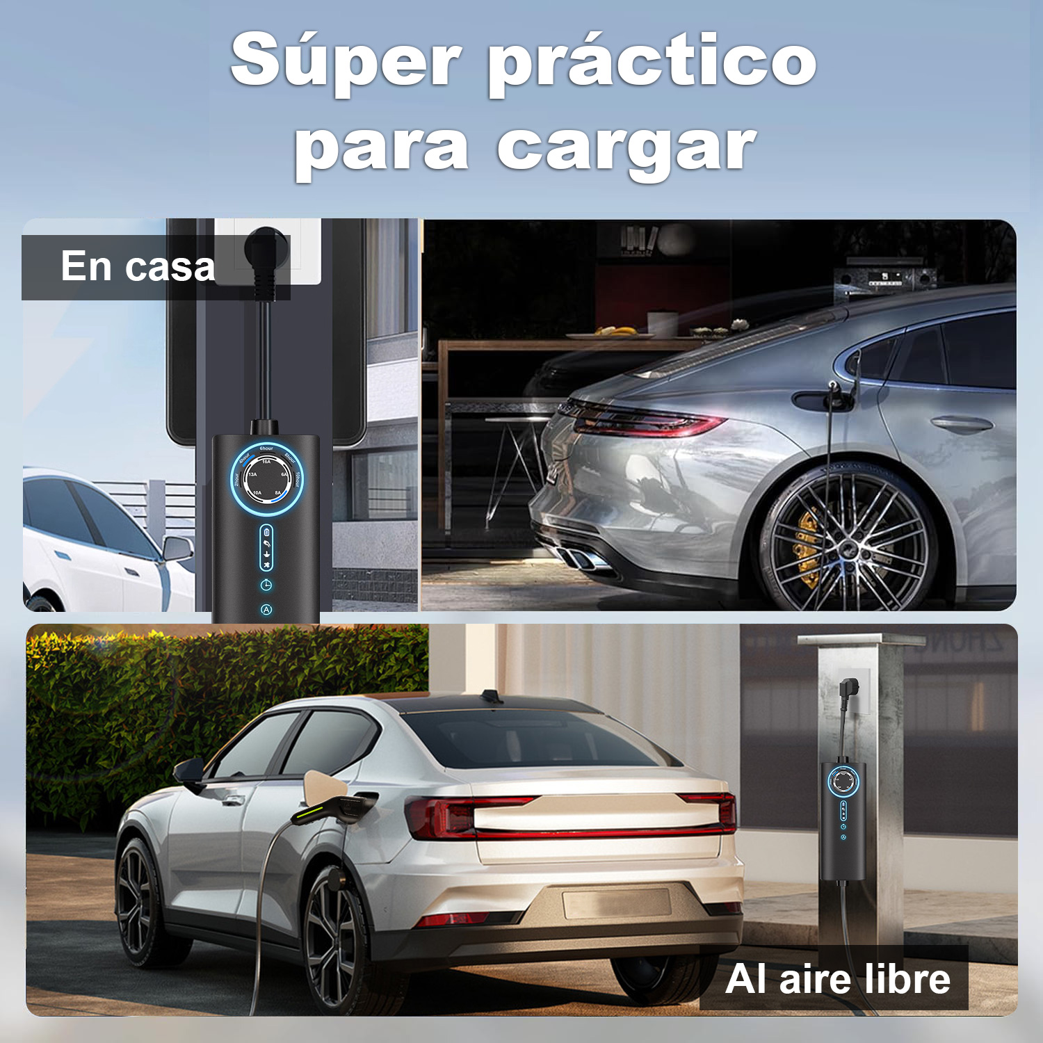 Cargador de coche eléctrico en casa y al aire libre, con coches plateados y blancos.