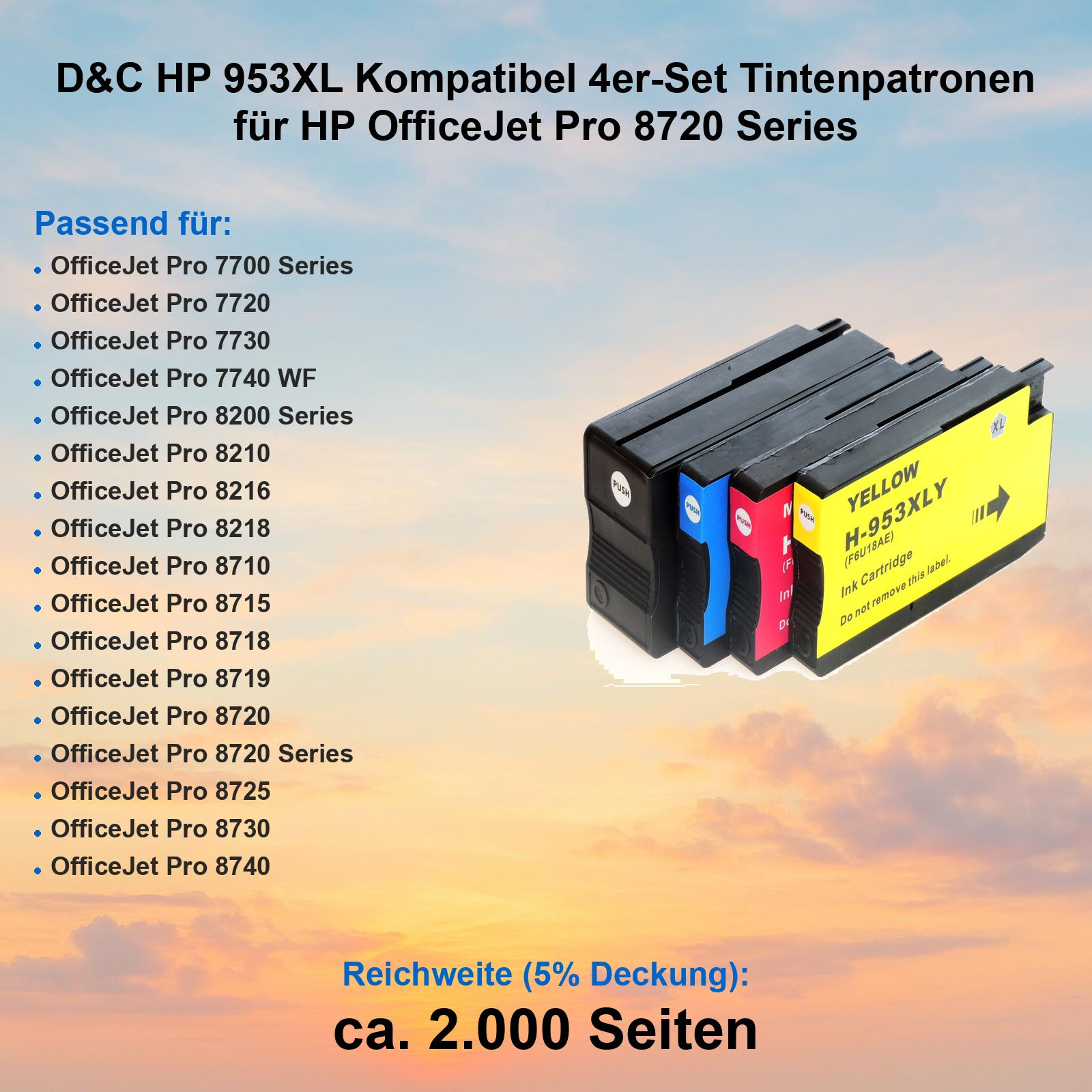 Vier HP 953XL Tintenpatronen: Schwarz, Blau, Rot, Gelb. Kompatibel mit HP OfficeJet Pro 8720.