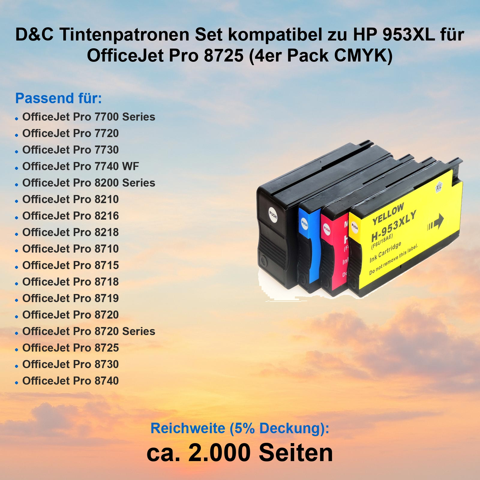 Vier HP 953XL Tintenpatronen (CMYK) für OfficeJet Pro 8725.