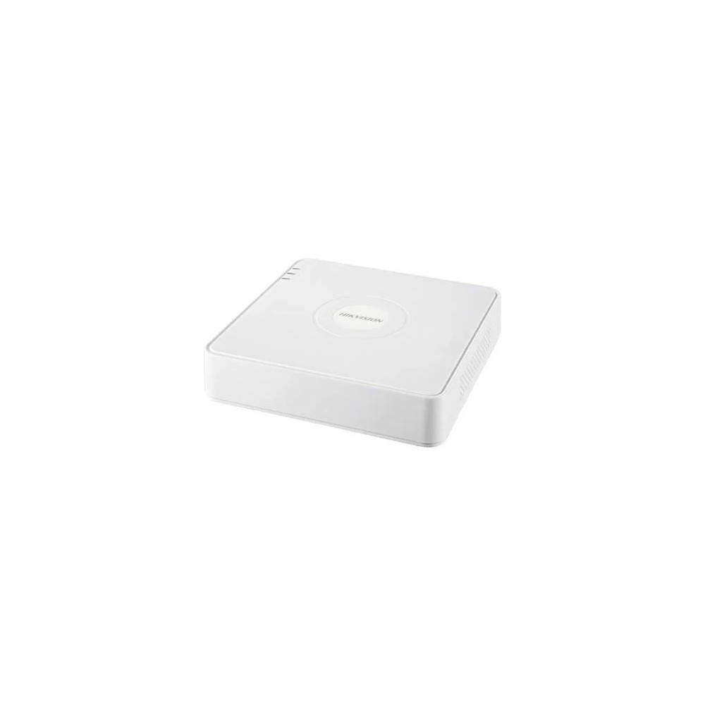 Üstünde üç gösterge ışığı olan beyaz Hikvision DVR kutusu.