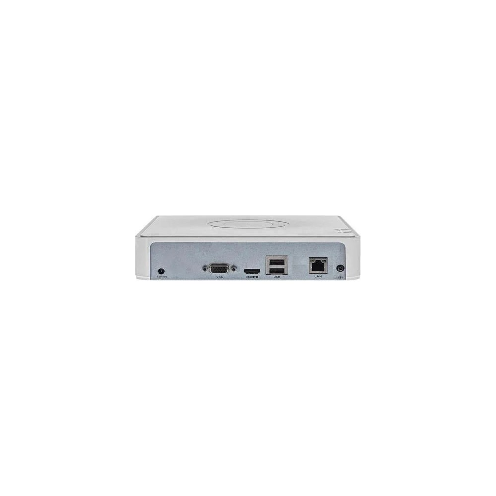 DC IN, VGA, HDMI, USB ve LAN bağlantı noktalarına sahip beyaz bir NVR'nin arka görünümü.