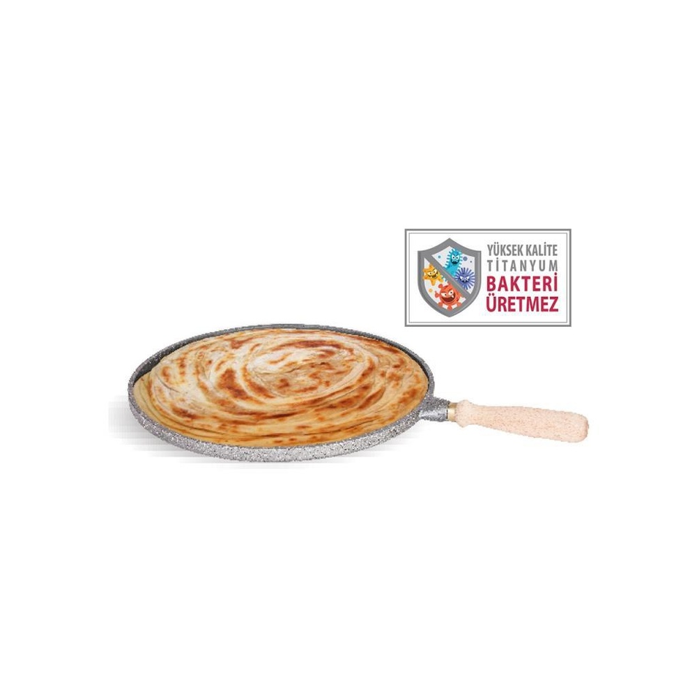 Spiralli bir börek ve bakteri üretmediğini belirten bir kalkan içeren tava.