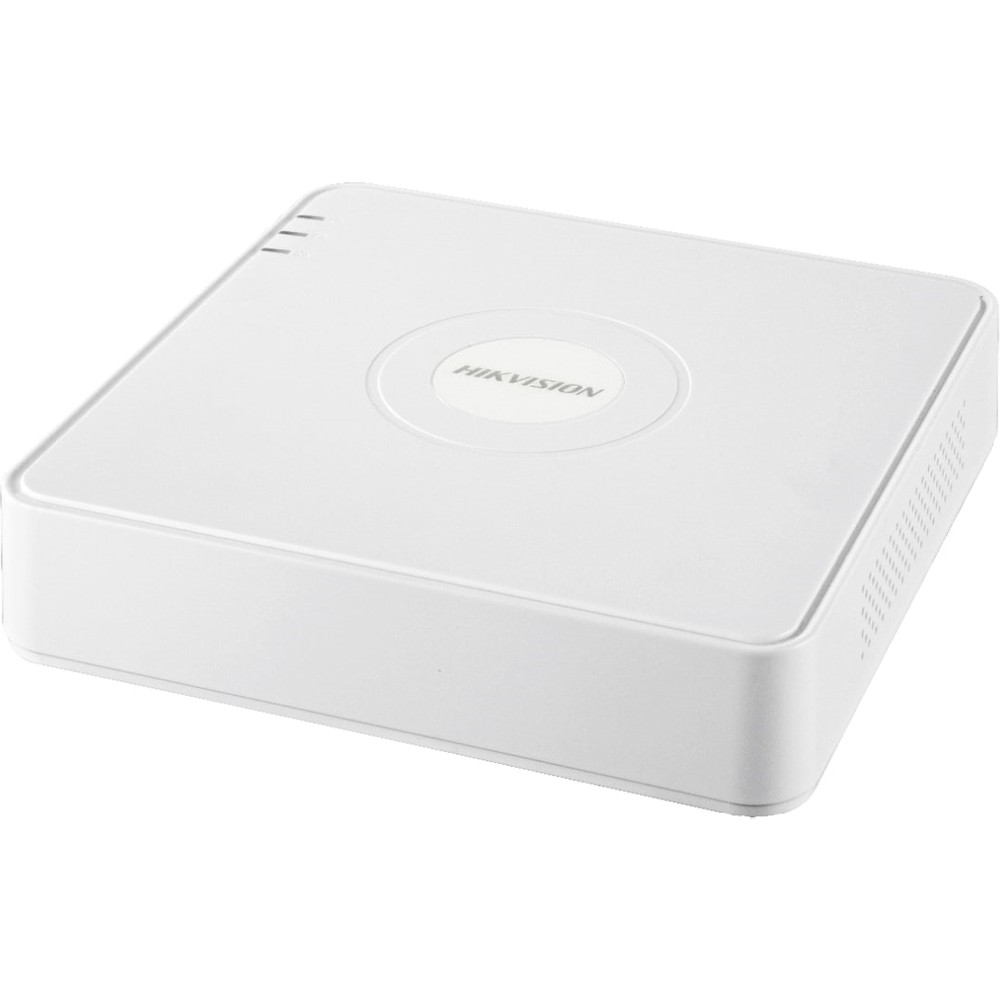 Üç gösterge ışığı ve dairesel logolu beyaz bir Hikvision cihazı.