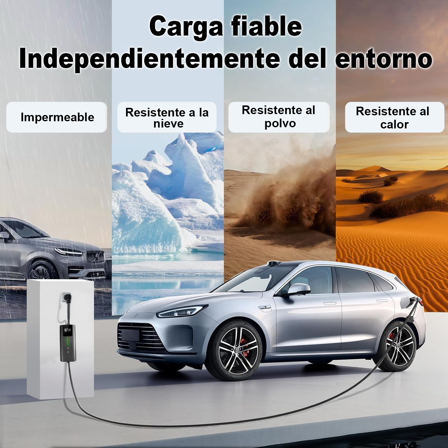 Un coche eléctrico se carga en diversos entornos: lluvia, nieve, polvo, calor.