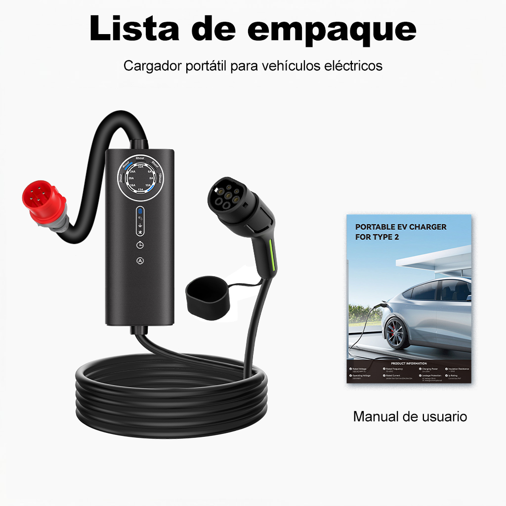 Cargador EV negro con enchufe rojo, cable y manual.