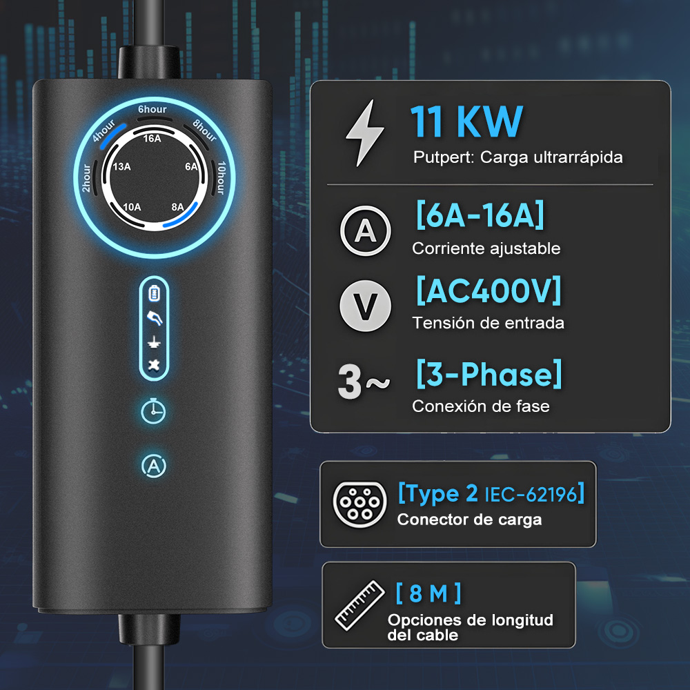 Cargador EV: 11 KW, 6A-16A, AC400V, 3 fases, enchufe Tipo 2, 8m.