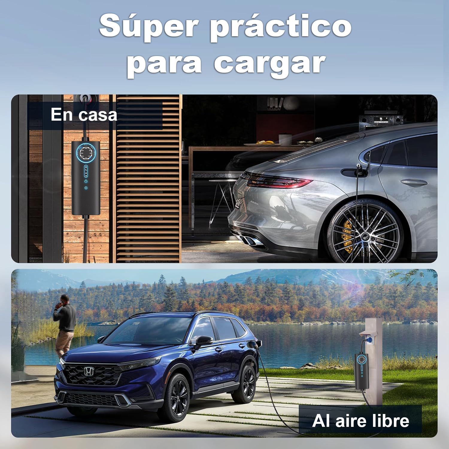 Coches eléctricos cargando en interiores y exteriores. Práctico en casa y al aire libre.