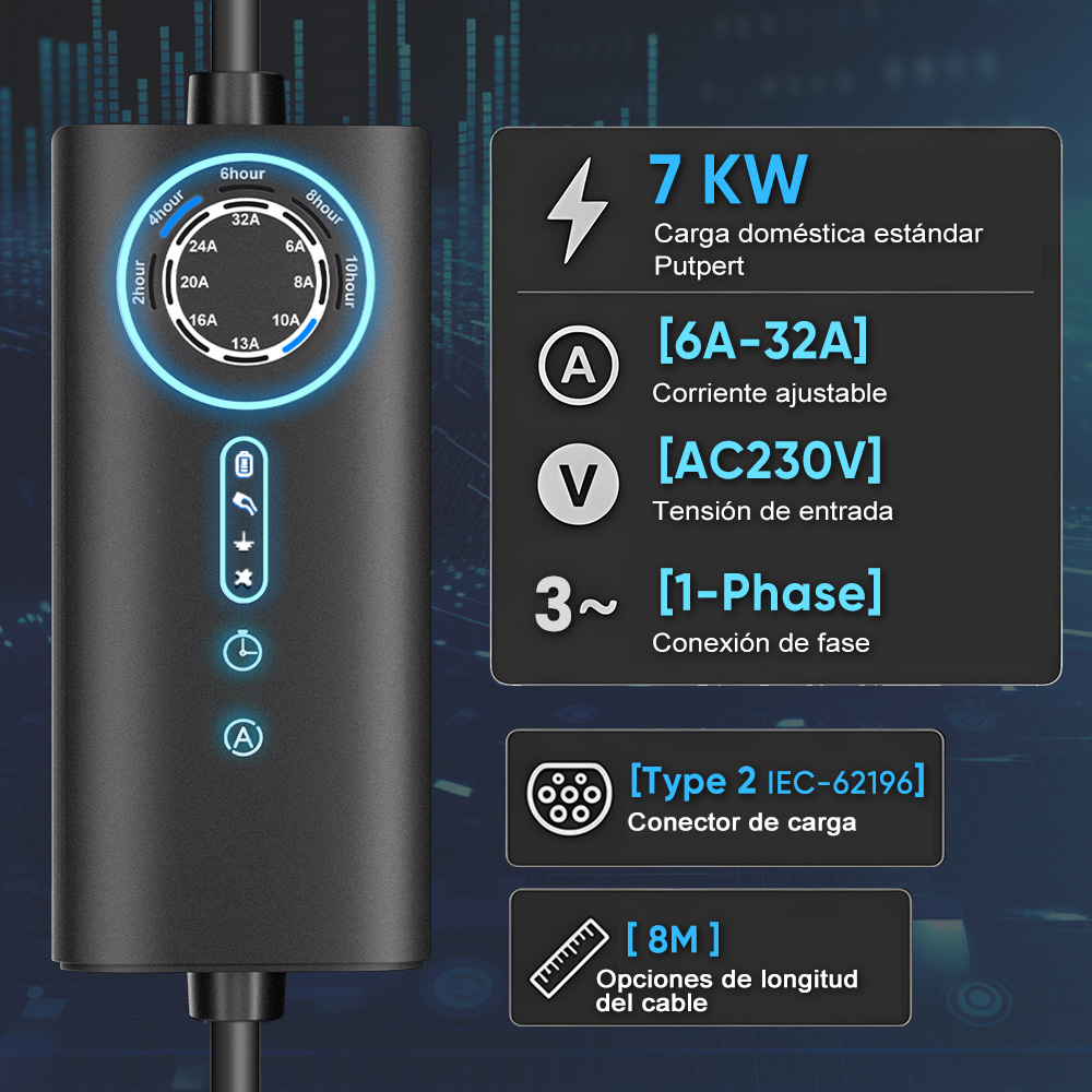 Cargador EV negro con pantalla LCD. Muestra 7KW, 6-32A, 230V, 1 fase, conector Tipo 2.