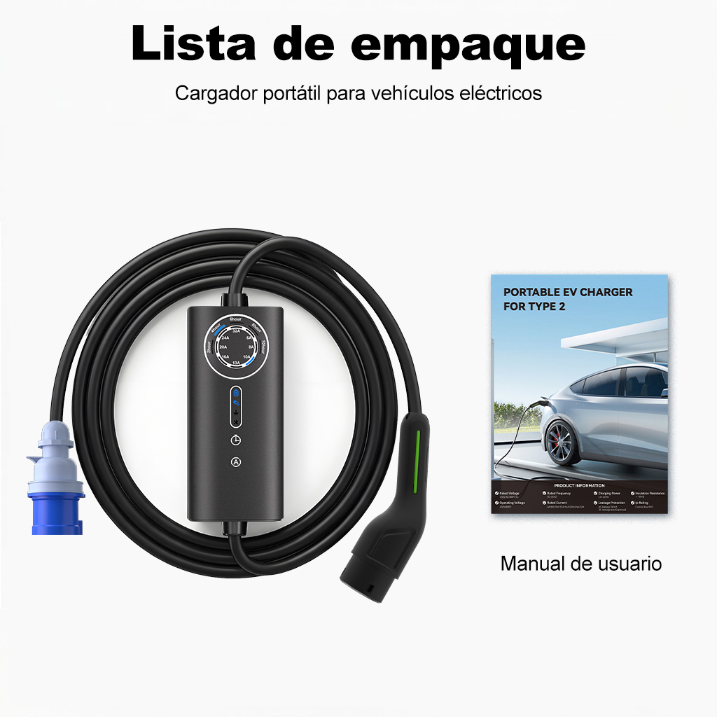 Cargador EV negro con cable y enchufe, junto a un manual.