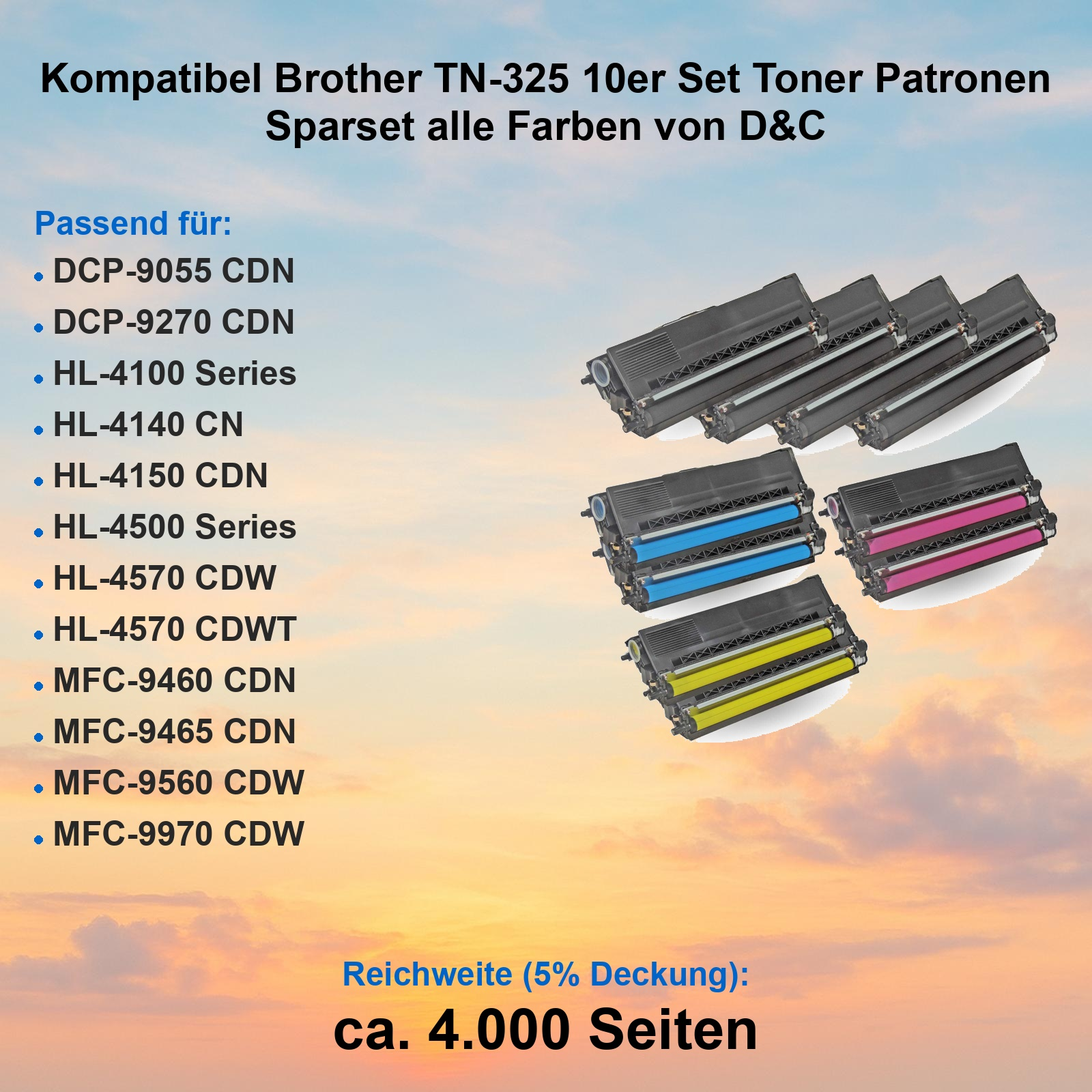 Fünf Brother TN-325 Toner-Patronen: vier schwarze, eine blaue, eine pinke und eine gelbe.