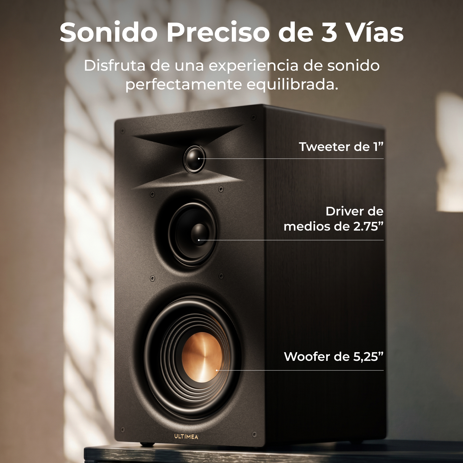 Altavoz negro de 3 vías: tweeter de 1", medio de 2,75", woofer de 5,25".