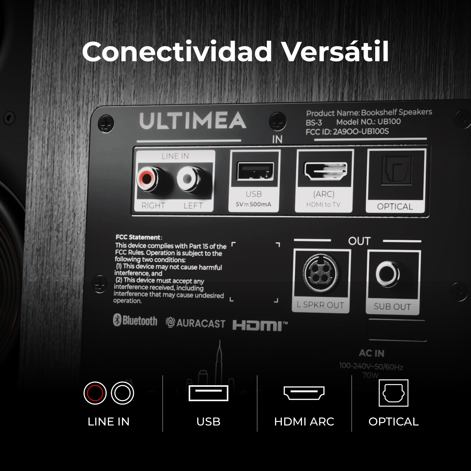 Parte trasera de un altavoz mostrando puertos de conexión: Line In, USB, HDMI ARC, Óptico.