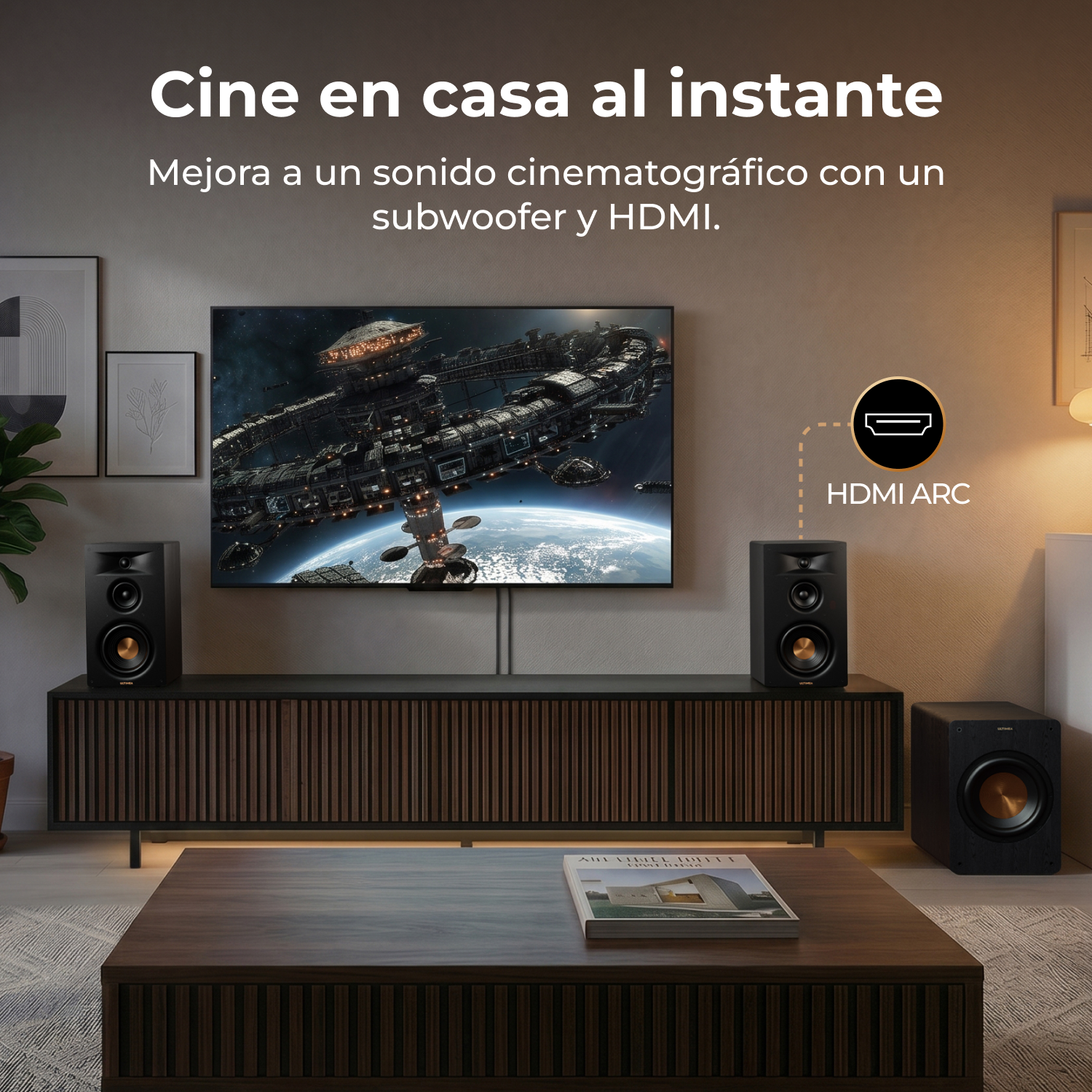 Configuración de cine en casa con TV, dos altavoces, subwoofer e icono HDMI ARC.