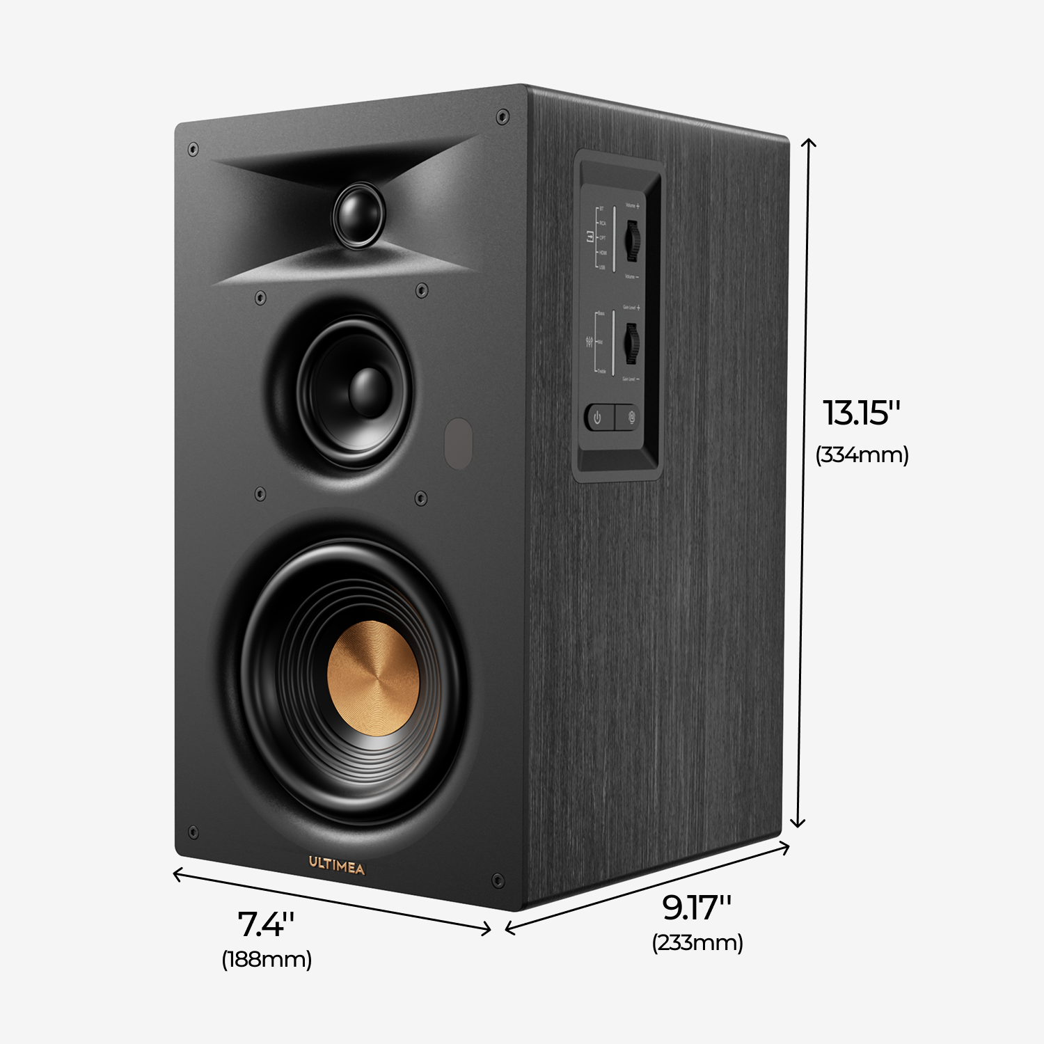 Zwarte luidspreker met gouden woofer, afmetingen 7,4" x 9,17" x 13,15".