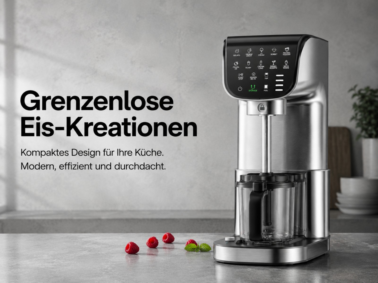 Edelstahl-Eismaschine mit Bedienfeld und Becher auf Steintisch mit Beeren.