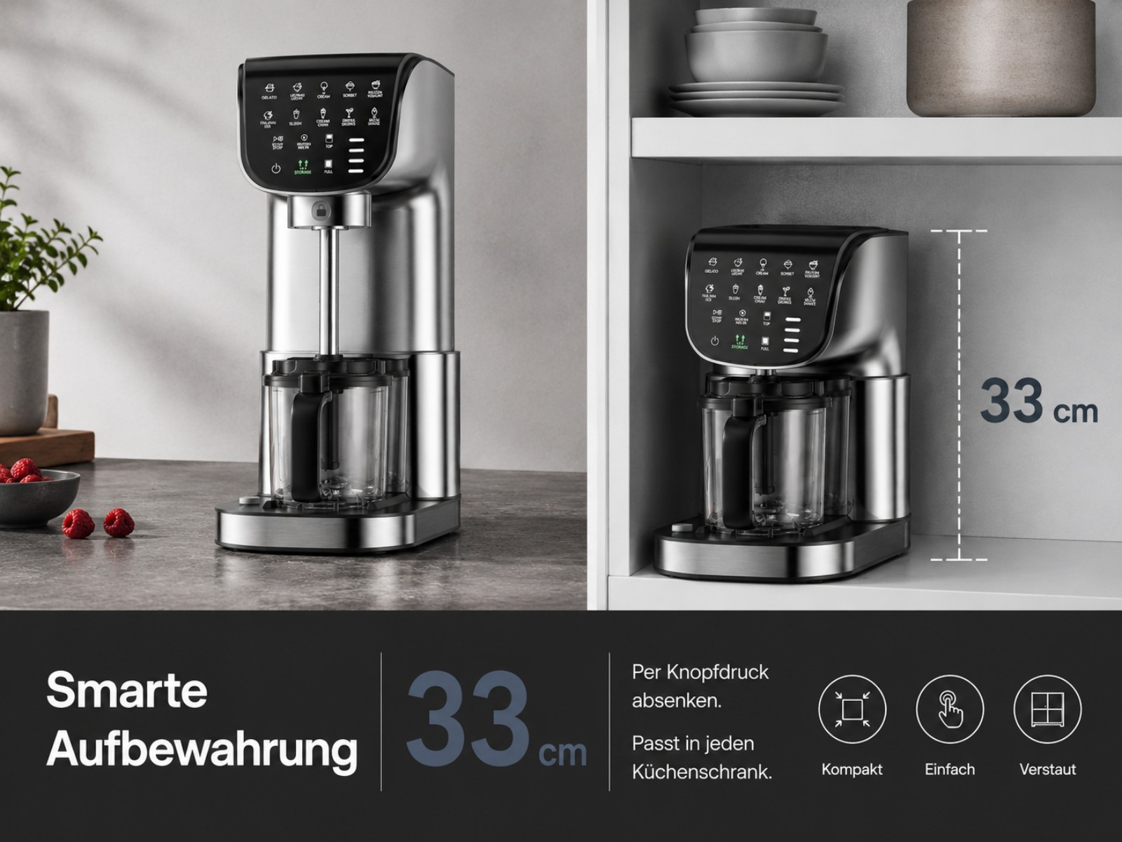 Silberner Eisbereiter mit Touchscreen-Bedienfeld und Glaskaraffe, 33 cm hoch.