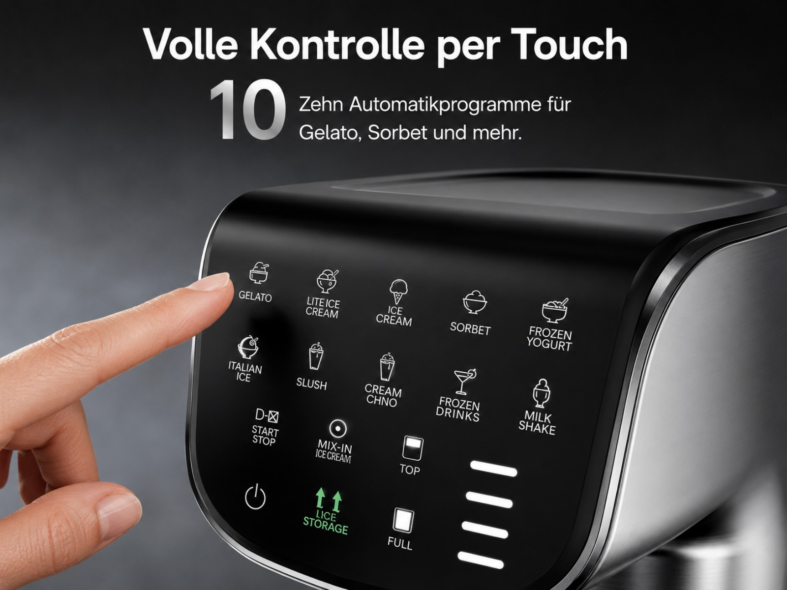 Eine Hand drückt auf das Touch-Display einer Eismaschine mit vielen Programmen.