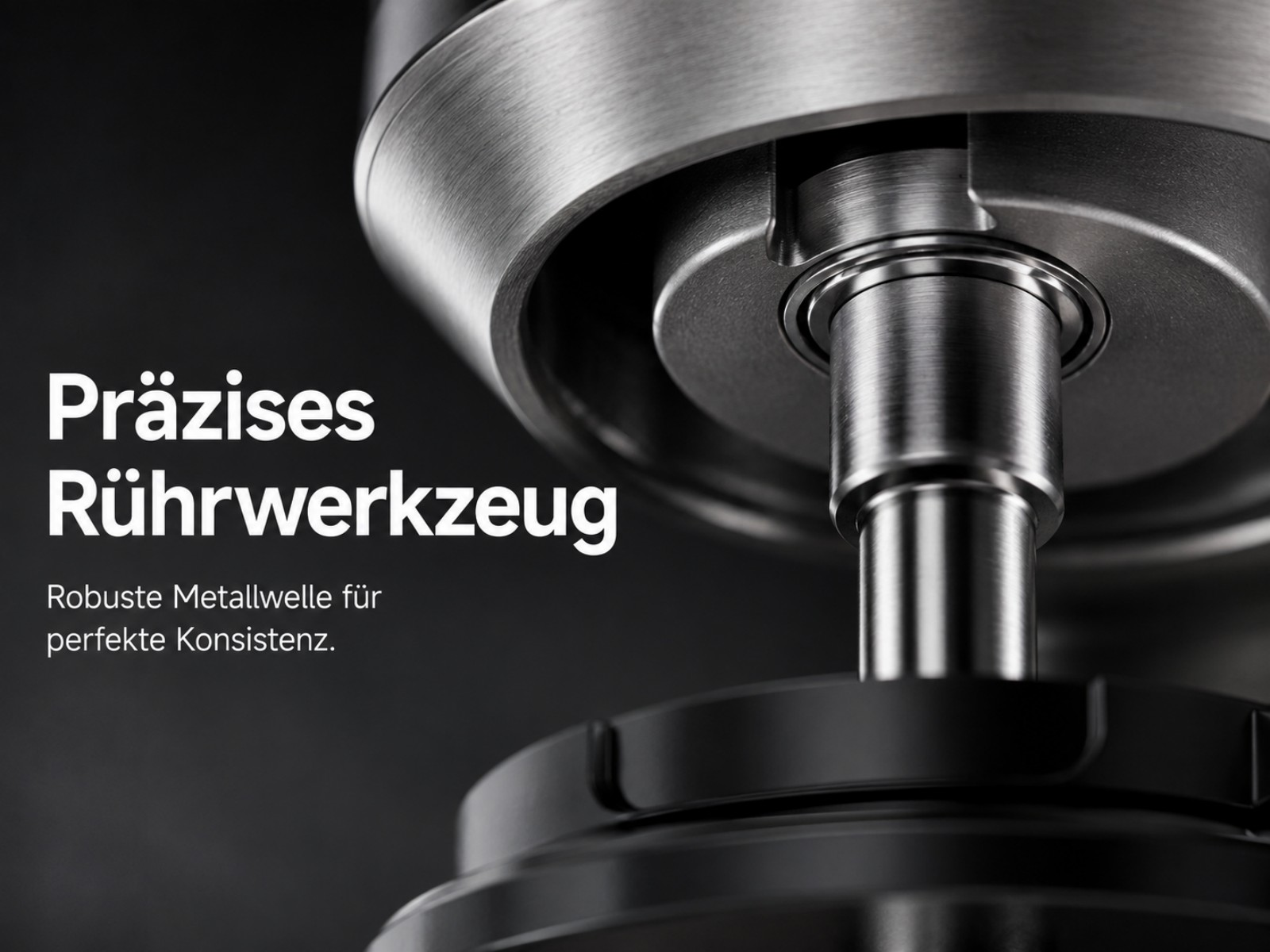 Nahaufnahme eines präzisen Rührwerkzeugs aus Metall, mit Text.