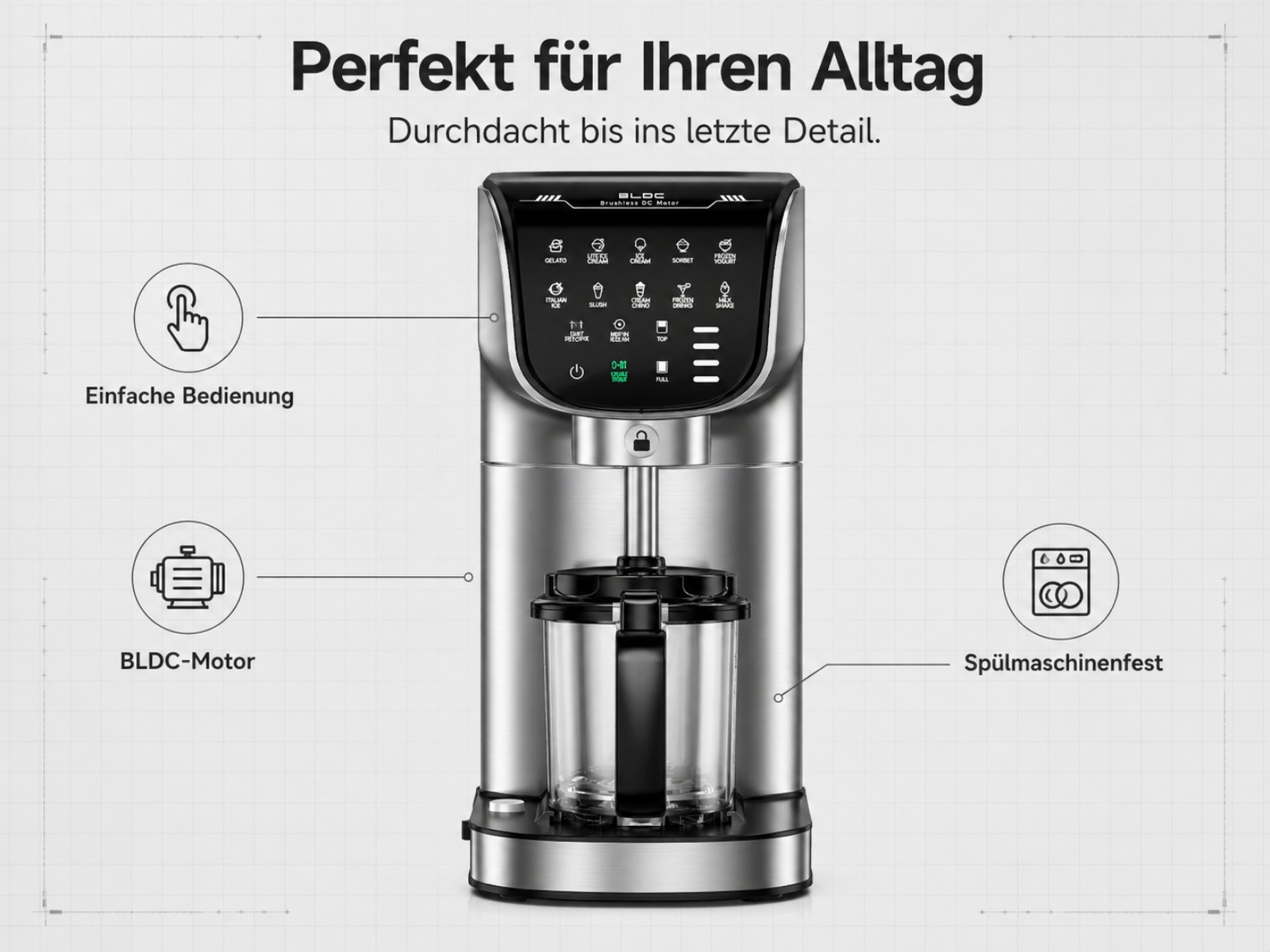 Silberner Küchenhelfer mit Touchscreen-Display für Eis, Sorbet, Milchshakes.