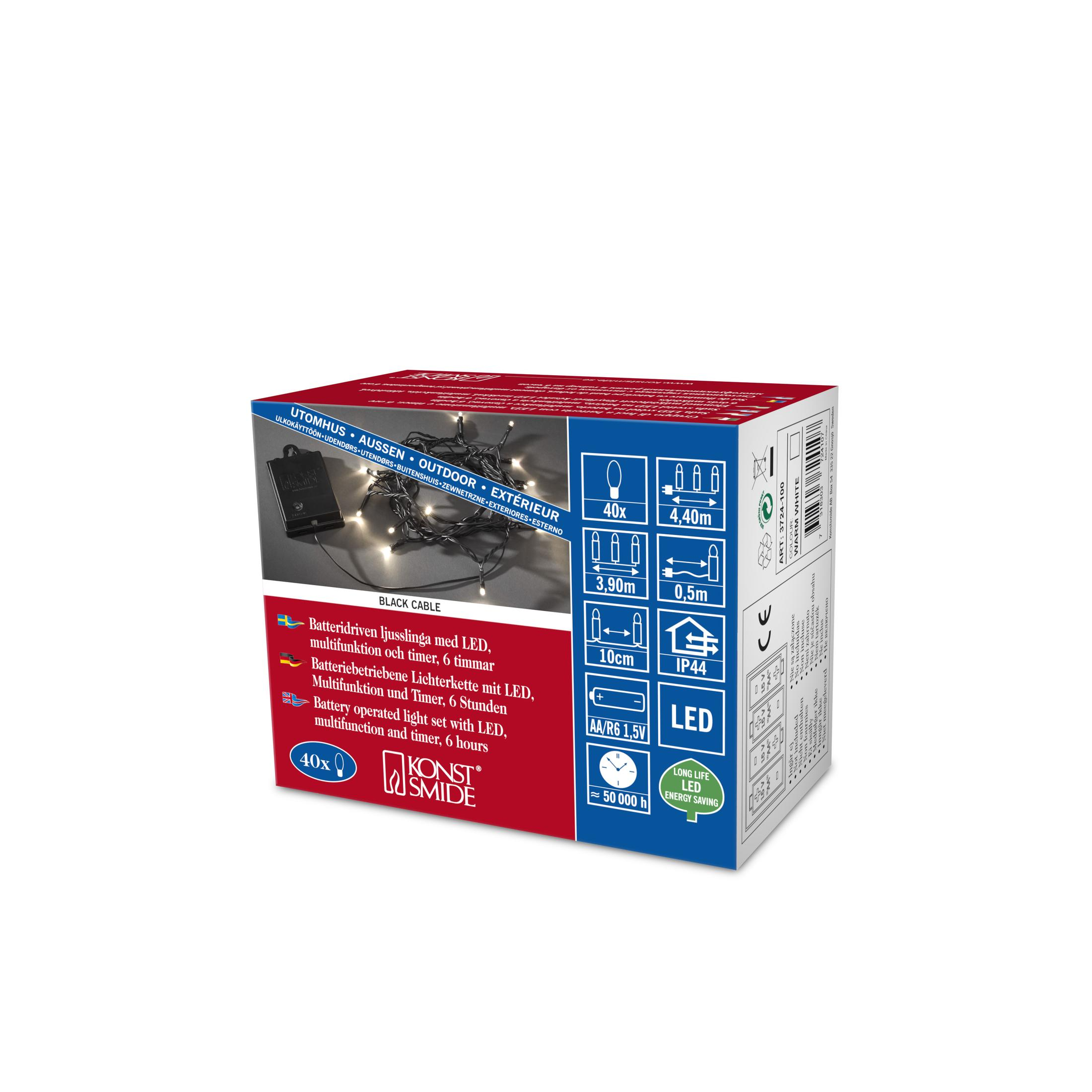 Verpackung einer batteriebetriebenen LED-Lichterkette mit 40 Lichtern, 4,40m lang, warmweiß.