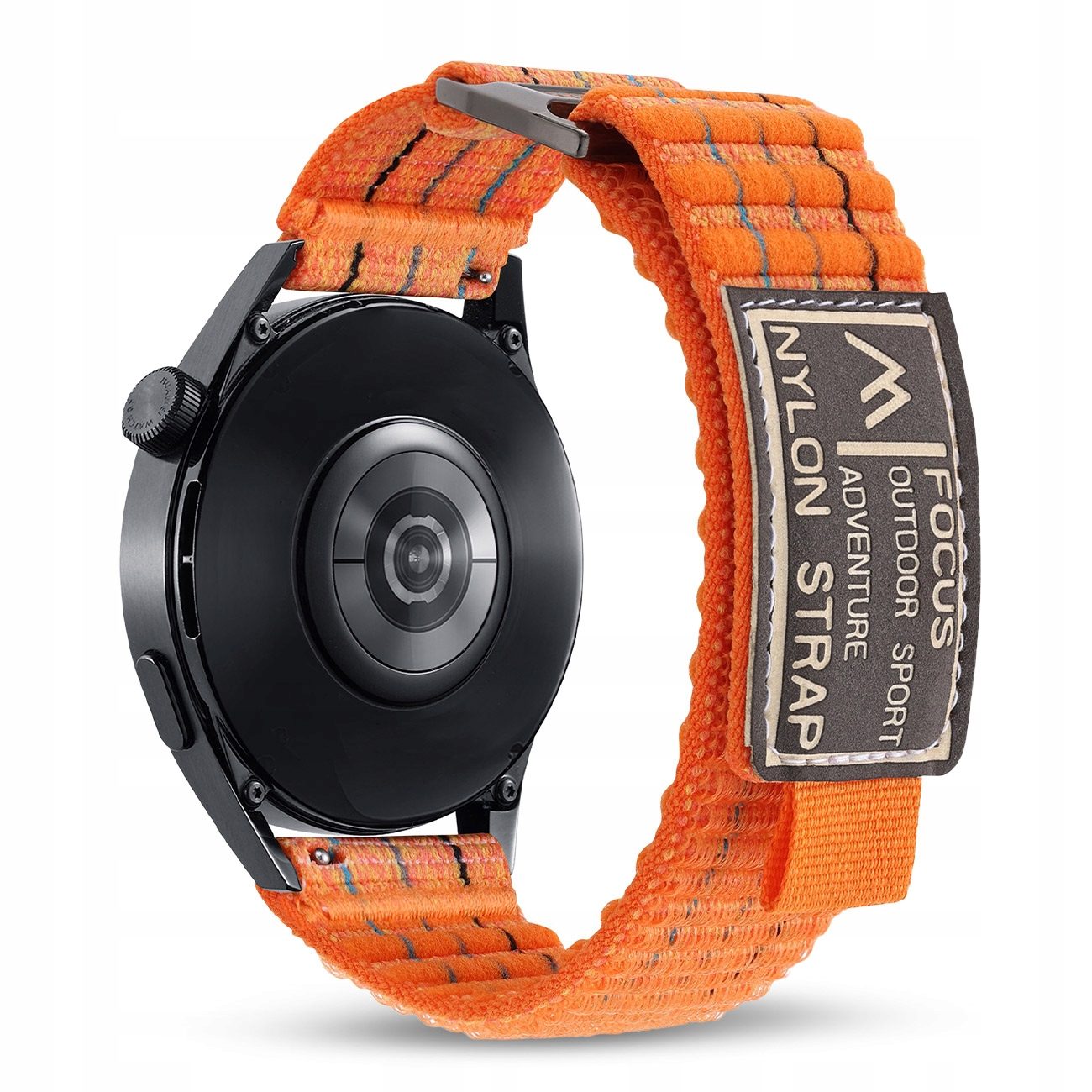 Czarny smartwatch z pomarańczową, szkocką nylonową bransoletą i metką.