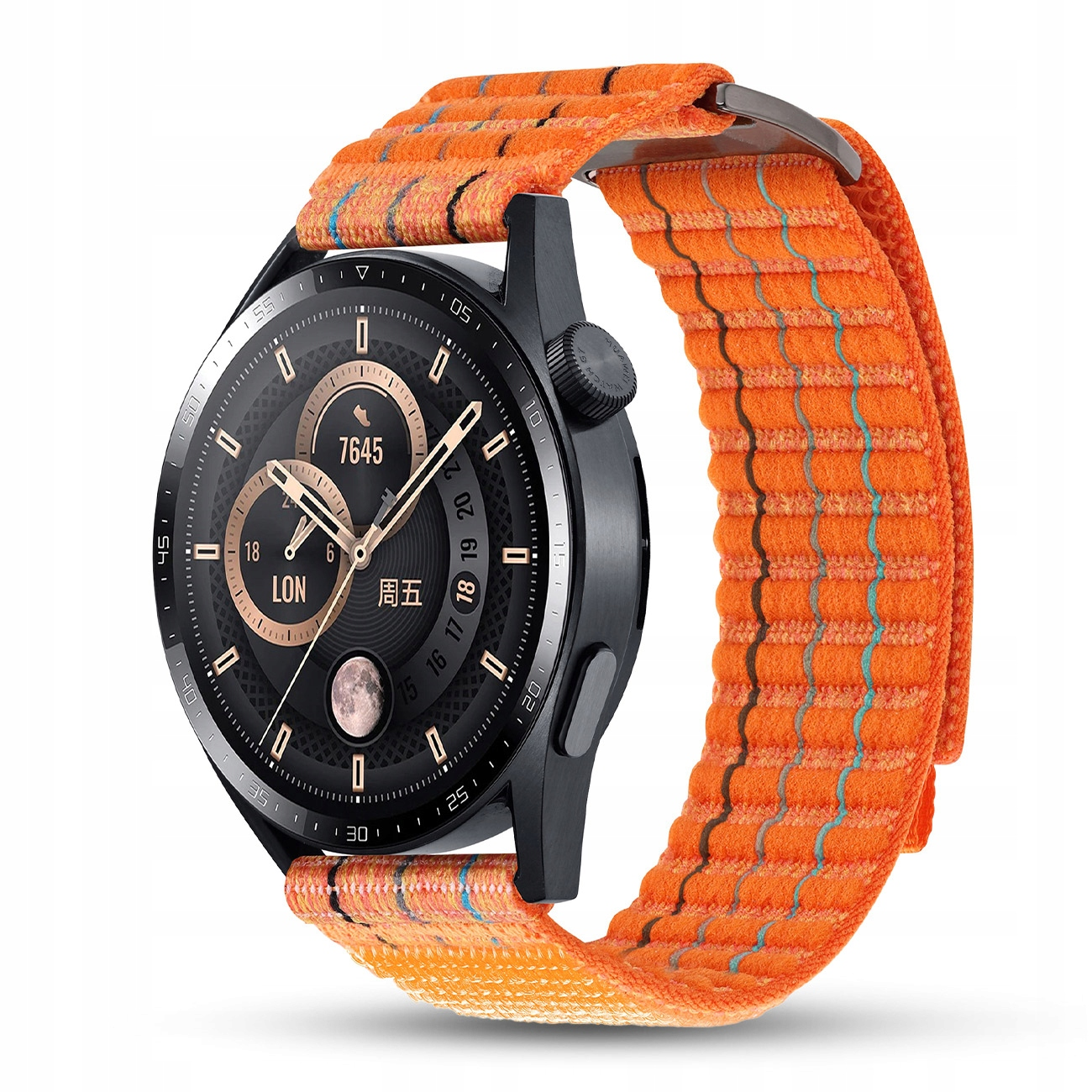 Czarny smartwatch z pomarańczowym paskiem materiałowym, niebieskimi i żółtymi paskami.
