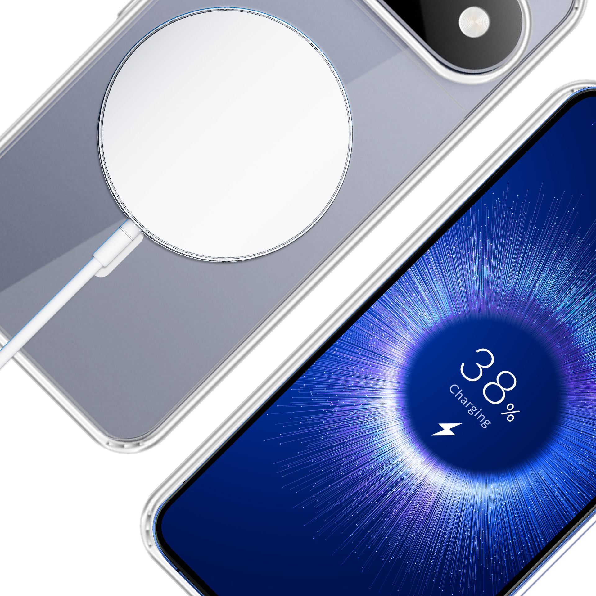 Smartfon ładuje się bezprzewodowo, ekran pokazuje 38% naładowania. Biały kabel.