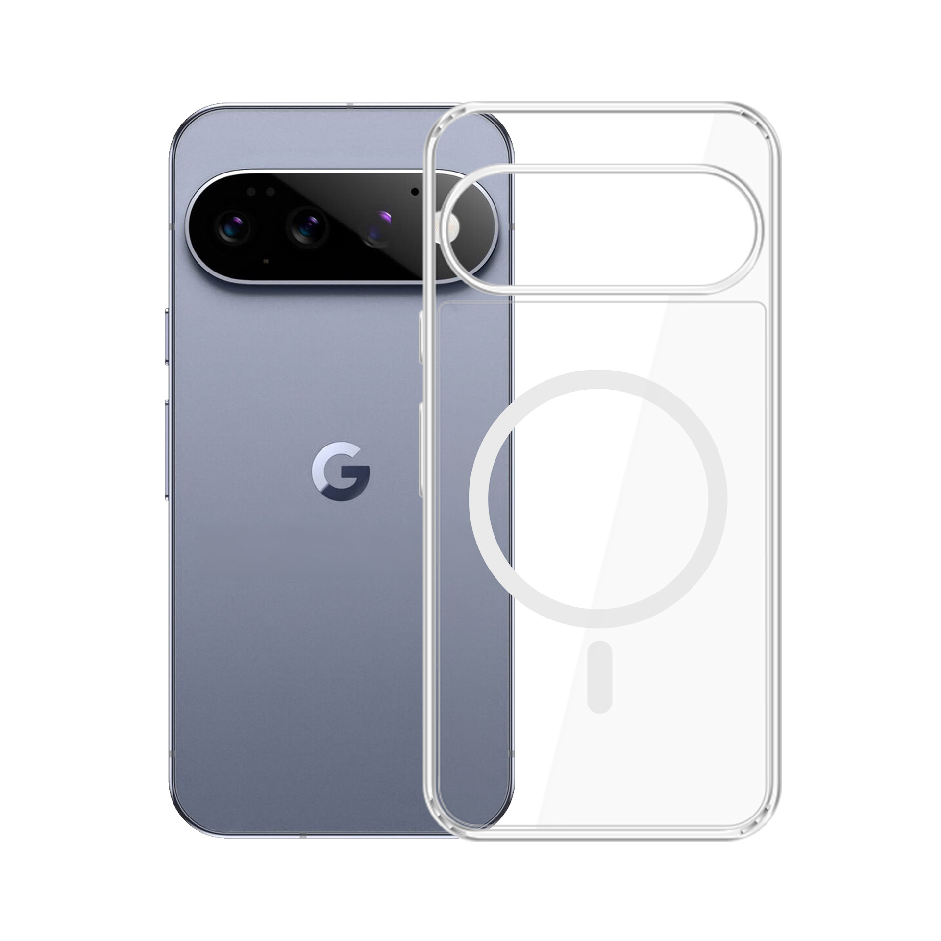Niebieski smartfon z przezroczystym etui ochronnym obok.