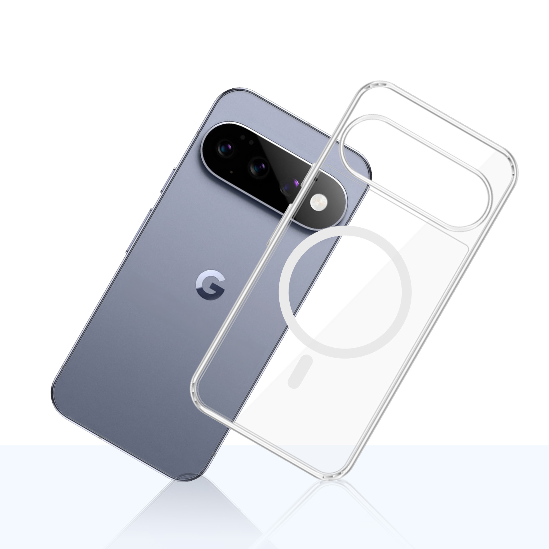 Przezroczyste etui na telefon leży obok szarego smartfona z aparatami i logo Google.