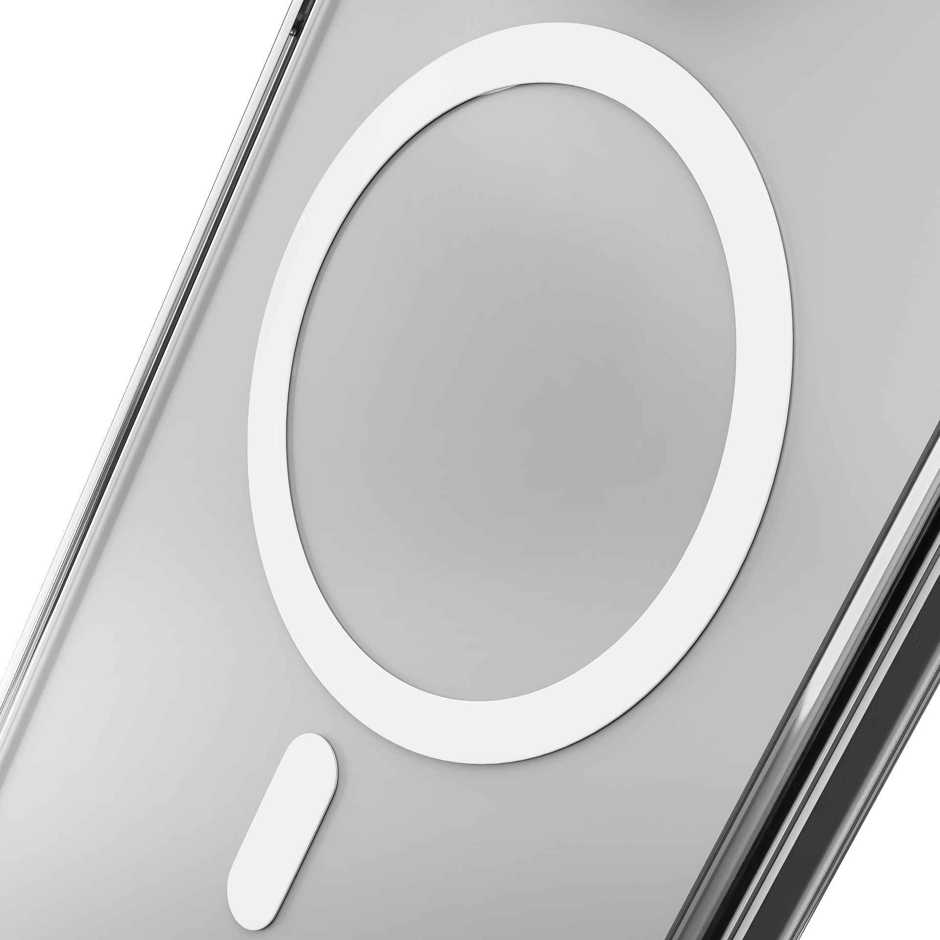 Zbliżenie przezroczystego etui na telefon z białym pierścieniem magnetycznym i małą elipsą.