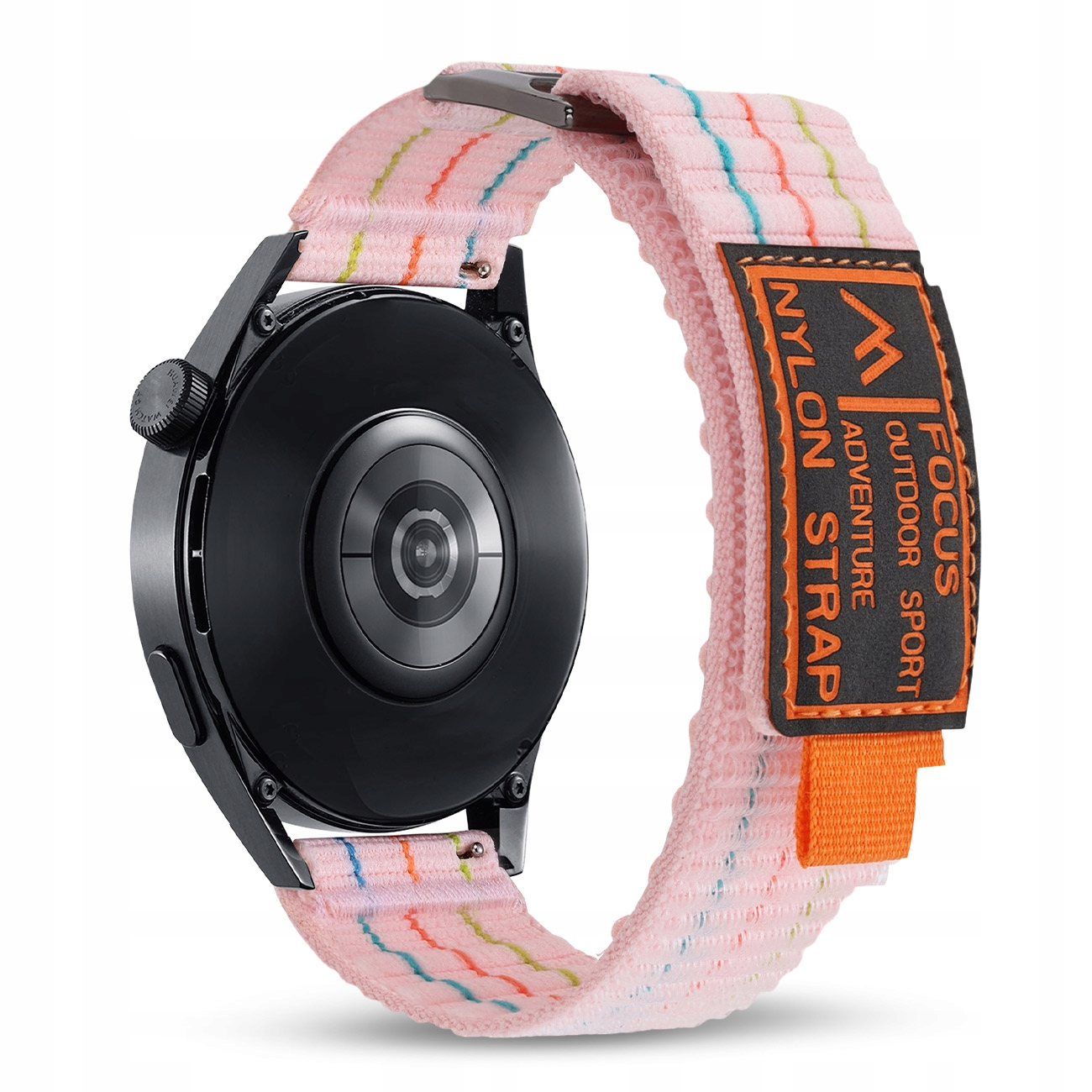 Czarny smartwatch z różową nylonową bransoletką w kolorowe paski i czarną metką.