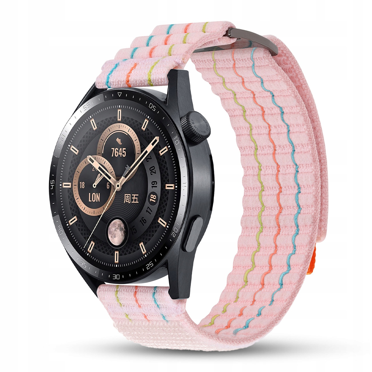 Czarny smartwatch z różową bransoletą ozdobioną kolorowymi falistymi paskami.
