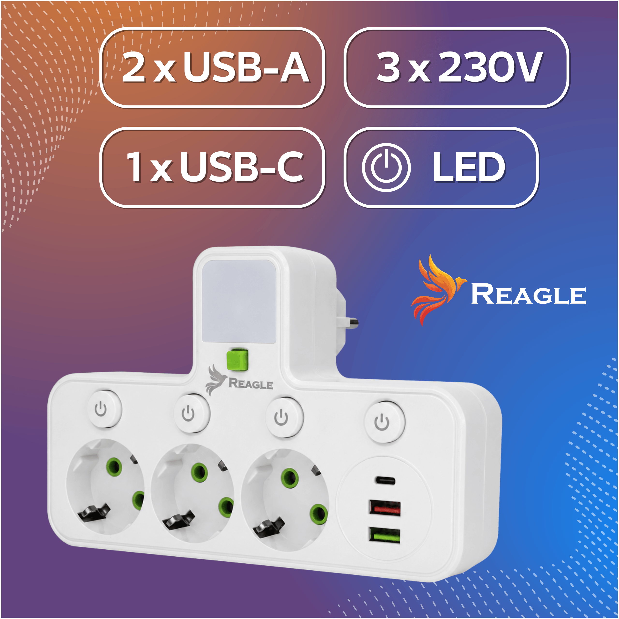 Regleta blanca con 3 enchufes, 2 USB-A, 1 USB-C y LED.